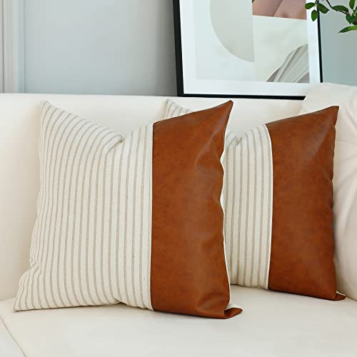 Throw Pillow Covers,Pillow Covers 18x18,Khaki Stripes Textured Cotton Faux Leather Stitching Square Farmhouse Pillow Covers Home Decorative for Sofa Couch Chair Bedroom Sets of 2