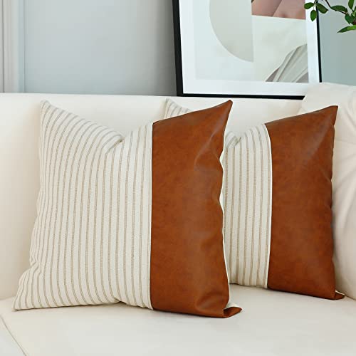 Boho Throw Pillow Covers 18x18, Khaki Stripes Textured Cotton Faux Leather Stitching Square Farmhouse Pillow Covers