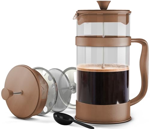 Utopia Kitchen - French Press Espresso - Tea and Coffee Maker with Triple Filters 34 Ounce, Stainless Steel Plunger and Heat Resistant Borosilicate Glass - Brown