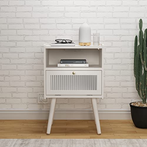 Nightstand with Charging Station and Glass Door - 2-Tier Bedside Table for Bedroom & Living Room