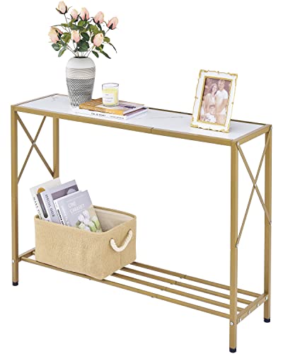 Tajsoon Console Table, entryway Table, Narrow Sofa Table with Shelves, Entrance Table for Hallway, Entryway, Living Room, Foyer, Corridor, Office, Gold & White