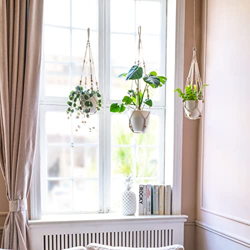 Boho Macrame Plant Hangers, 3 Pack Indoor Planter Holders with Beads, No Tassels, Different Sizes (35"/29"/23"), Ivory