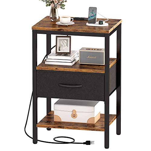 Nightstand with Charging Station, Adjustable Fabric Drawer, 3-Tier Storage End Table