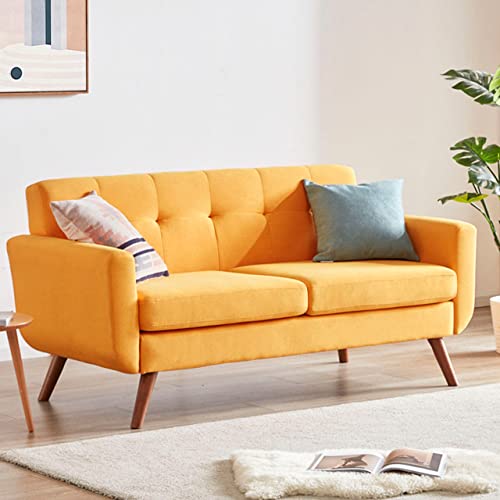 Tbfit 65" W Loveseat Sofa, Mid Century Modern Love Seat Sofas and Couches for Living Room, Button Tufted Upholstered Small Couch for Bedroom, Solid and Easy to Install Love Seats Furniture, Yellow