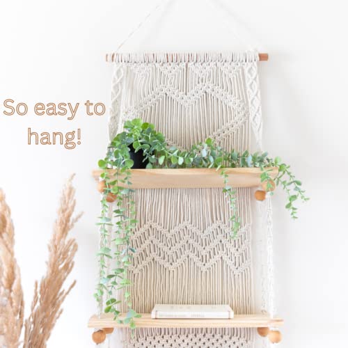 Boho Macrame Wall Hanging Shelf - 3 Tier Woven Rope Plant Hanger, Pine Wood Floating Shelves for Kitchen, Bathroom, Home Decor and Storage