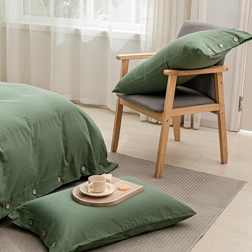 JELLYMONI Green 100% Washed Cotton Duvet Cover Set, 3 Pieces Luxury Soft Bedding Set with Buttons Closure. Solid Color Pattern Duvet Cover Queen Size(No Comforter)