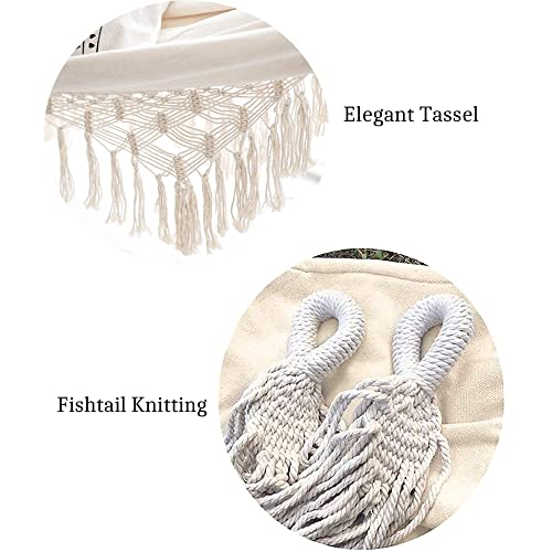 Xuanmuque Double Sized Boho Macrame Cream Hammock with Elegant Tassels and Fishtail Knitting 485Lbs Includes Tie Ropes and White Drawstring Bag for Women