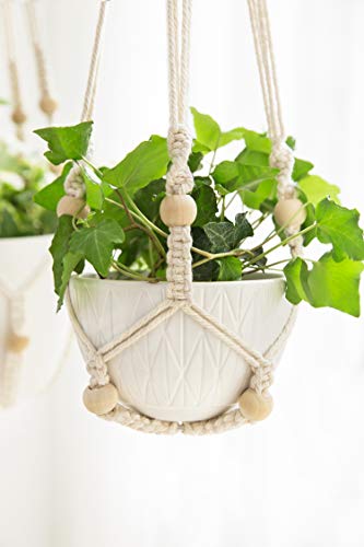 Boho Macrame Plant Hangers, 3 Pack Indoor Planter Holders with Beads, No Tassels, Different Sizes (35"/29"/23"), Ivory