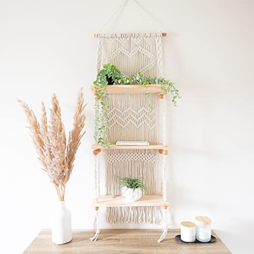 Boho Macrame Wall Hanging Shelf - 3 Tier Woven Rope Plant Hanger, Pine Wood Floating Shelves for Kitchen, Bathroom, Home Decor and Storage