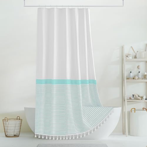 White Shower Curtain Aqua Striped with Tassels Summer Ocean Beach Theme Ombre Bathroom Shower Curtain Set with Rings Sea Mint Green Spa Blue,72 x72