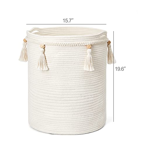 Mkono Macrame Decorative Cotton Rope Basket Boho Cute Woven Tassel Tall Basket Closet Storage Bins Organizer for Nursery,Baby Toys, Potted Plants Cover,Living Room,Bedroom Home Decor 15.7"x 19.6"