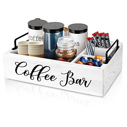 Coffee Station Organizer Wooden Coffee Bar Accessories Organizer for Countertop, Farmhouse Kcup Coffee Pod Holder Storage Basket Coffee Bar Organizer - White