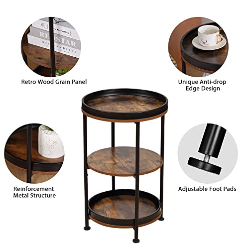 Boho Round End Table with 3 Storage Shelves - Industrial Rustic Brown Side Table for Living Room, Bedroom, Small Spaces