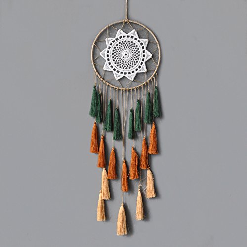 Boho Macrame Dream Catcher - Handmade Tassel Wall Hanging with Feather Ornament for Bedroom Decor, Green Mix, Blessing Gift