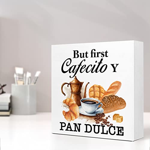 But First Cafecito Y Pan Dulce Wood Box Sign Desk Decor,Rustic Coffee Wood Block Plaque Box Sign Desk Decorations for Home Kitchen Office Shelf Table Decor