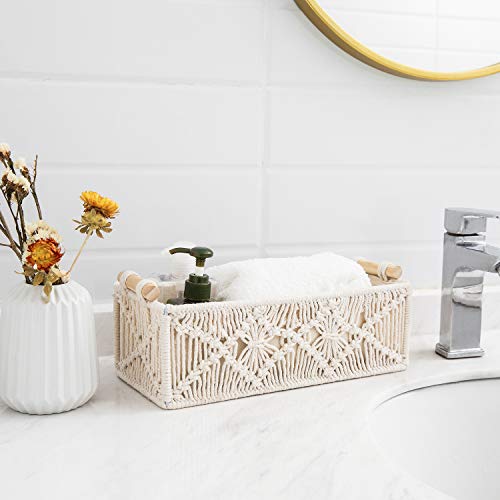 Set of 2 Boho Macrame Storage Baskets - Handmade Woven Decorative Boxes for Countertop, Toilet Tank, Shelf, and Cabinet Organization, Ivory