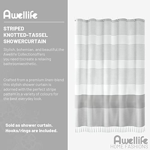 Boho Gray Shower Curtain - 72x72 Inch Farmhouse Linen with Stripes and Tassels for Rustic Bathroom Decor