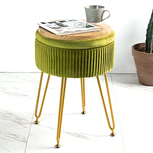 LUE BONA Velvet Vanity Stool Chair for Makeup Room with Gold Legs,18” Height, Small Storage Foot Ottoman Rest for Living Room, Bathroom, Green