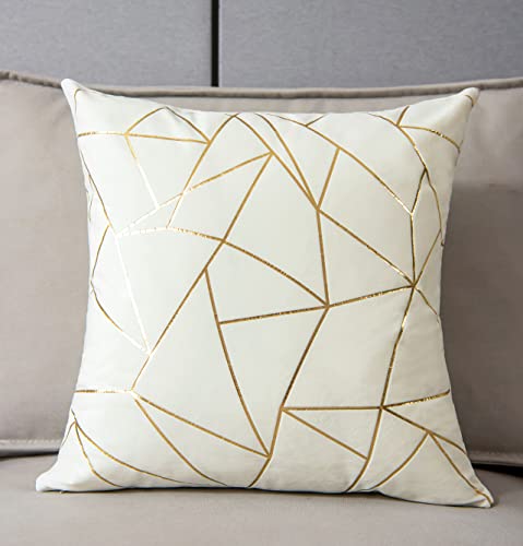 YONGLIU Set of 2 Velvet Cushion Cases Decorative Gold Foil Geometric Pattern Ultra-Soft Square Throw Pillow Covers for Modern Homes Couch Sofa Bedroom Living Room Car Chair(Off White, 20"X20")