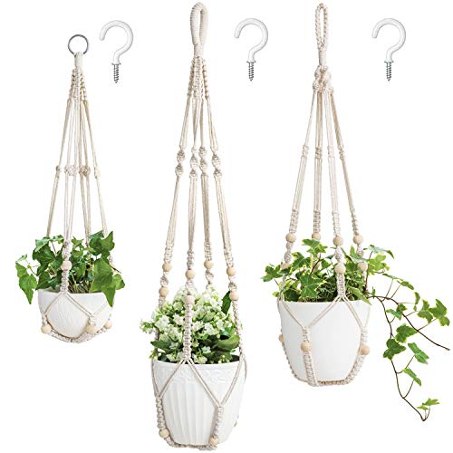 Boho Macrame Plant Hangers, 3 Pack Indoor Planter Holders with Beads, No Tassels, Different Sizes (35"/29"/23"), Ivory