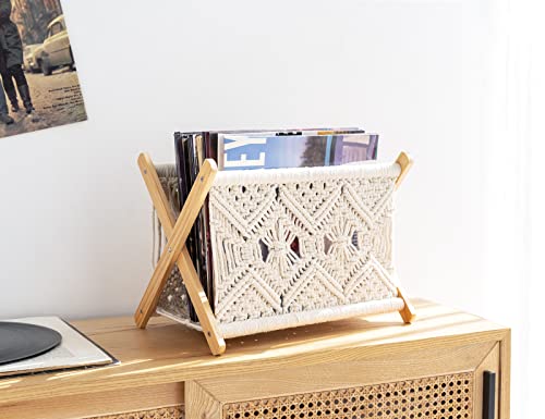 Mkono Macrame Magazine Rack Boho Storage Holder Standing Basket for Books, Newspapers, Swaddle Blanket, Dorm Essentials, Living Room, Bathroom, Office, Nursery, Home Decor, Medium Size, 14”L x 10”W