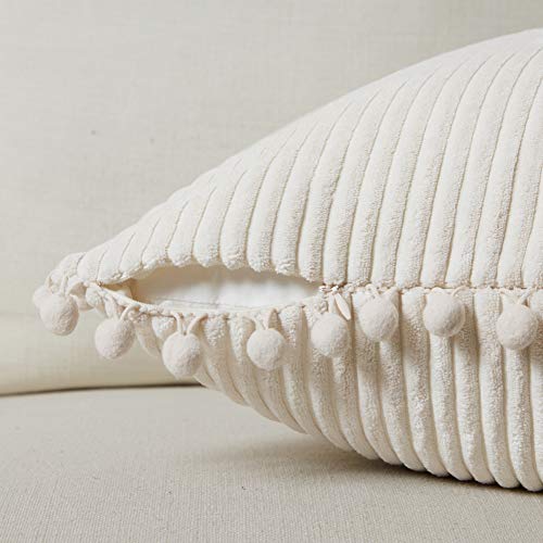 Fancy Homi Pack of 2 Boho Decorative Throw Pillow Covers with Pom-poms, Soft Corduroy Accent Solid Square Cushion Case Set for Couch Sofa Bedroom Car Living Room (18x18 Inch/45x45 cm, Cream)