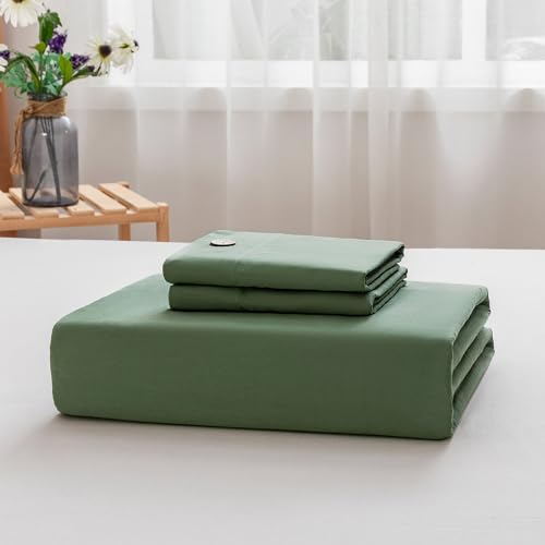 JELLYMONI Green 100% Washed Cotton Duvet Cover Set, 3 Pieces Luxury Soft Bedding Set with Buttons Closure. Solid Color Pattern Duvet Cover Queen Size(No Comforter)