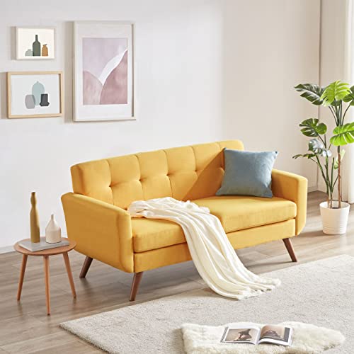 Tbfit 65" W Loveseat Sofa, Mid Century Modern Love Seat Sofas and Couches for Living Room, Button Tufted Upholstered Small Couch for Bedroom, Solid and Easy to Install Love Seats Furniture, Yellow