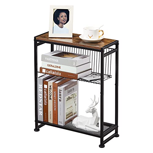 Slim Side Table with Magazine Holder, Narrow End Table for Small Spaces, Bedroom & Living Room