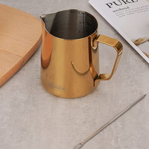 Milk Frothing Pitcher, 12oz Espresso Steaming Pitchers Stainless Steel Milk Coffee Cappuccino Barista Steam Pitchers Milk Jug Cup with Decorating Pen Latte Art, Gold