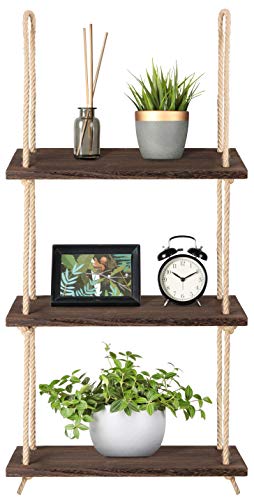 Rustic Wood 3-Tier Hanging Shelves - Boho Floating Wall Display for Photos, Plants, and Storage - Ideal for Dorm, Bathroom, Bedroom, or Living Room Decor