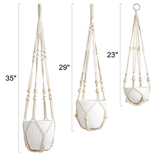 Boho Macrame Plant Hangers, 3 Pack Indoor Planter Holders with Beads, No Tassels, Different Sizes (35"/29"/23"), Ivory