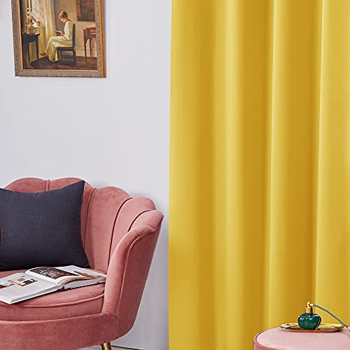 Deconovo Yellow Blackout Curtains for Living Room, Soundproof Thermal Insulated Room Darkening Window Curtains, 42x72 in, Mustard Yellow