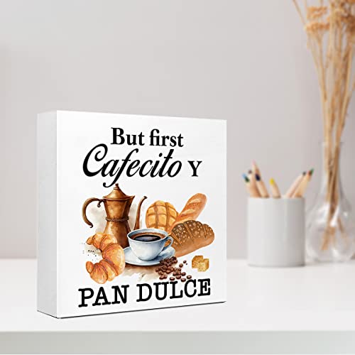 But First Cafecito Y Pan Dulce Wood Box Sign Desk Decor,Rustic Coffee Wood Block Plaque Box Sign Desk Decorations for Home Kitchen Office Shelf Table Decor