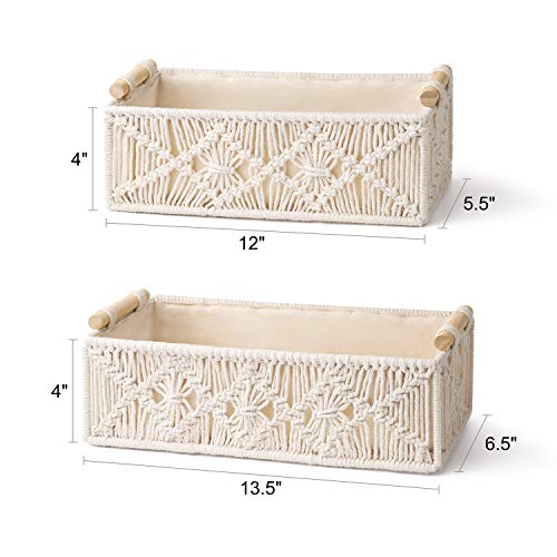 Set of 2 Boho Macrame Storage Baskets - Handmade Woven Decorative Boxes for Countertop, Toilet Tank, Shelf, and Cabinet Organization, Ivory
