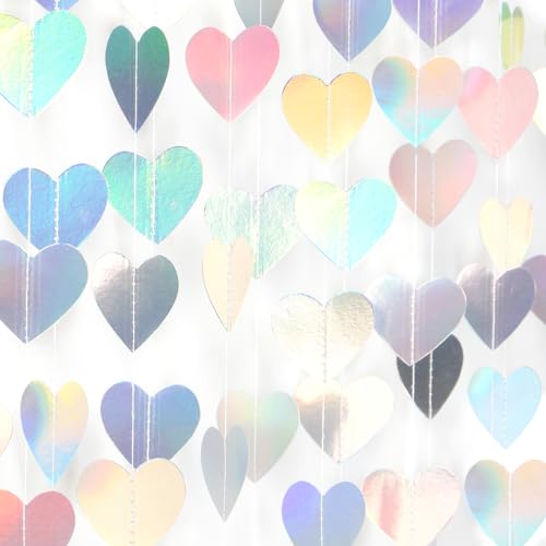 Iridescent Disco-Holographic Party-Decorations Love-Heart Garland - 52Ft Wedding Hanging Decoration Neon Streamers Banner, Birthday Bachelorette Baby Bridal Shower Engagement Valentines Decor Panduola