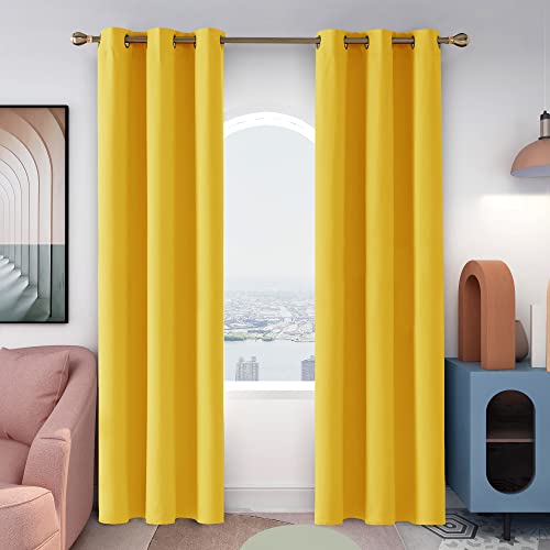 Deconovo Yellow Blackout Curtains for Living Room, Soundproof Thermal Insulated Room Darkening Window Curtains, 42x72 in, Mustard Yellow
