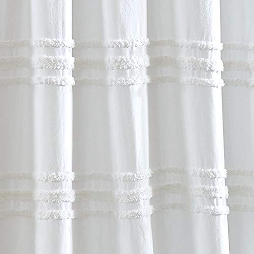 DKNY Chenille Stripe 100% Cotton Fabric Shower Curtain for Bathroom, 72 x 72 inches, White