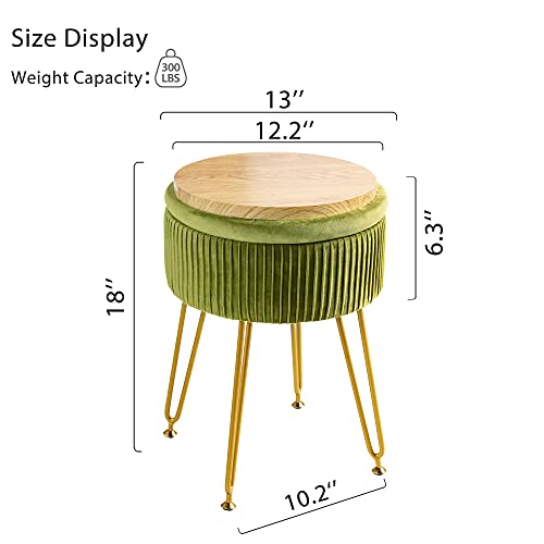 LUE BONA Velvet Vanity Stool Chair for Makeup Room with Gold Legs,18” Height, Small Storage Foot Ottoman Rest for Living Room, Bathroom, Green