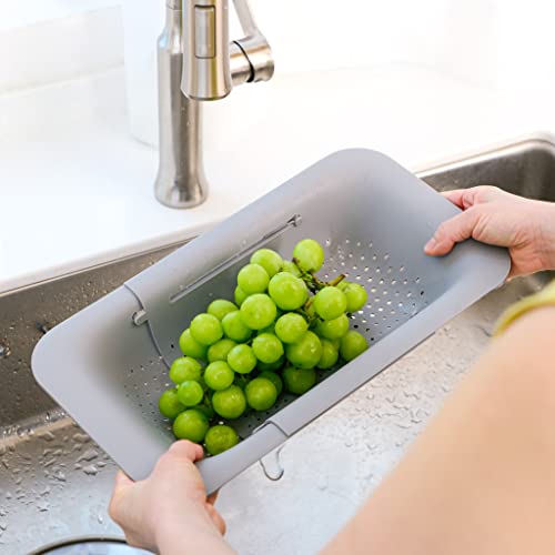 BLUE GINKGO Over the Sink Colander Strainer Basket - Wash Vegetables and Fruits, Drain Cooked Pasta and Dry Dishes - Extendable - New Home Kitchen Essentials (7.9W x 14-19L x 2.75H) - Gray