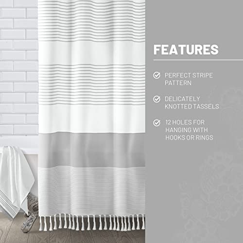Boho Gray Shower Curtain - 72x72 Inch Farmhouse Linen with Stripes and Tassels for Rustic Bathroom Decor
