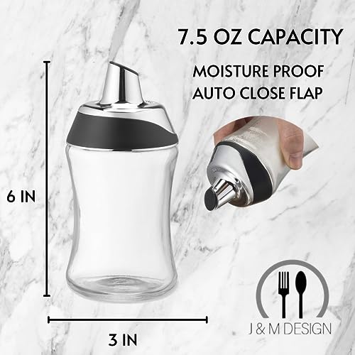 J&M DESIGN Sugar Dispenser & Shaker For Creamer, Coffee Bar Accessories, Tea Essentials Organizer & Baking with Pour Spout Lid for Easy Spoon Measuring Pouring - 7.5oz Glass Jar Holder Container Bowl