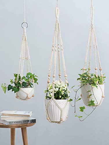 Boho Macrame Plant Hangers, 3 Pack Indoor Planter Holders with Beads, No Tassels, Different Sizes (35"/29"/23"), Ivory