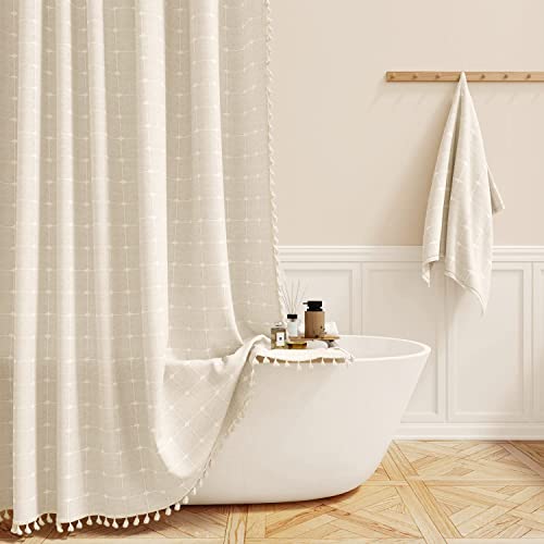 BTTN Boho Farmhouse Shower Curtain Set with Tassel - Linen Rustic Heavy Duty Fabric, Water Repellent, Modern Bohemian French Country Thick Bathroom Shower Curtains - Cream/Beige, 72x72