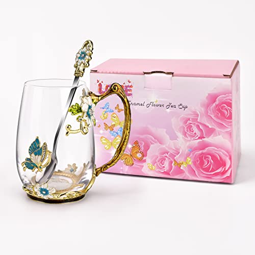 OEAGO Birthday Gifts for Women Mom Glass Coffee Enamels Mug Best Mothers Day Butterfly Gifts for Her from Daughter Son Lead-Free Valentines Day Christmas Tea Cup with Spoon Sets