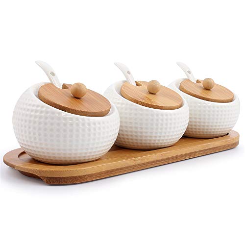 Porcelain Condiment Jar Spice Container with Lids - Bamboo Cap Holder Spot, Ceramic Serving Spoon, Wooden Tray Best Pottery Cruet Pot for Your Home, Kitchen, Counter. White,170 ML (5.8 OZ), Set of 3