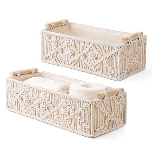 Set of 2 Boho Macrame Storage Baskets - Handmade Woven Decorative Boxes for Countertop, Toilet Tank, Shelf, and Cabinet Organization, Ivory