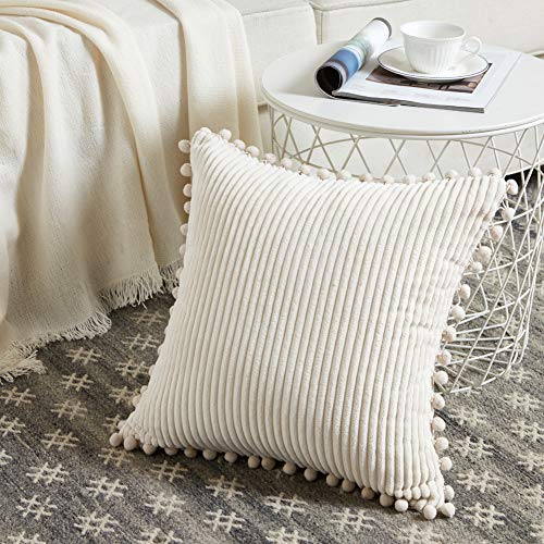 Fancy Homi Pack of 2 Boho Decorative Throw Pillow Covers with Pom-poms, Soft Corduroy Accent Solid Square Cushion Case Set for Couch Sofa Bedroom Car Living Room (18x18 Inch/45x45 cm, Cream)