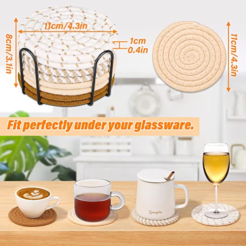 Mckanti 8 Pcs Drink Coasters with Holder, Minimalist Cotton Woven 4 Colors Absorbent Coaster Set for Home Decor Tabletop Protection Suitable for Kinds of Cups, 4.3 Inches.(NO.2)