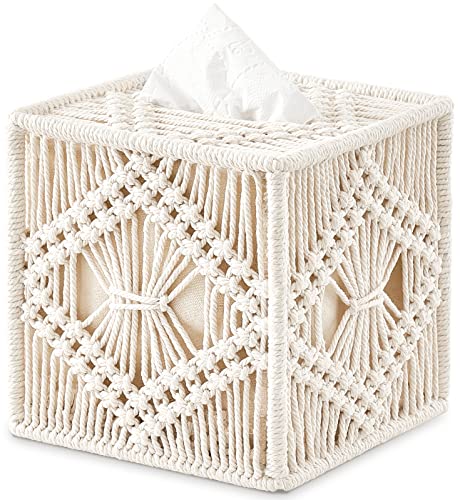 Boho Macrame Square Open-Bottom Tissue Box Holder - Handmade Woven Organizer for Bathroom, Bedroom, Living Room